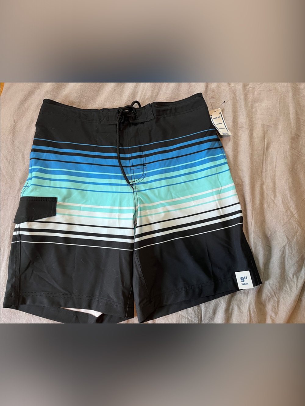 Men's Striped Swim Trunks in Black and Aqua
